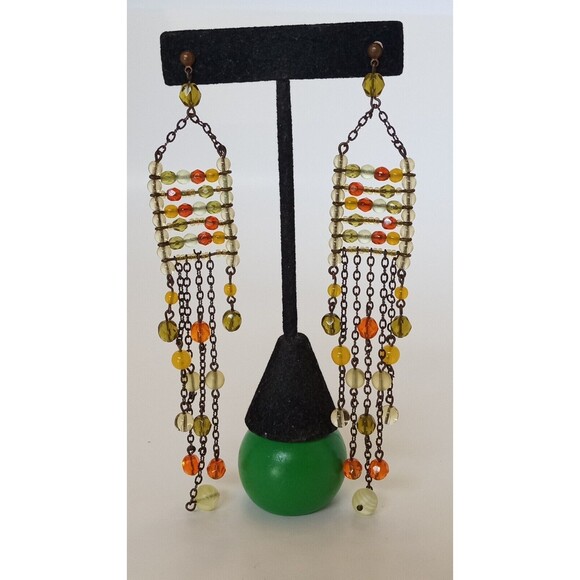 Green & Orange Glass Boho Chandelier Earrings 6 inch Shoulder Sweepers - Picture 2 of 9